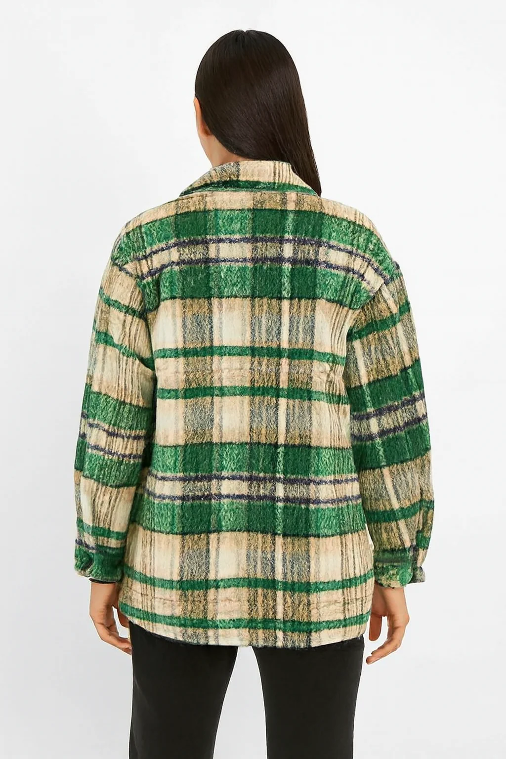 Women Green Checked Winter Jacket - Image 2