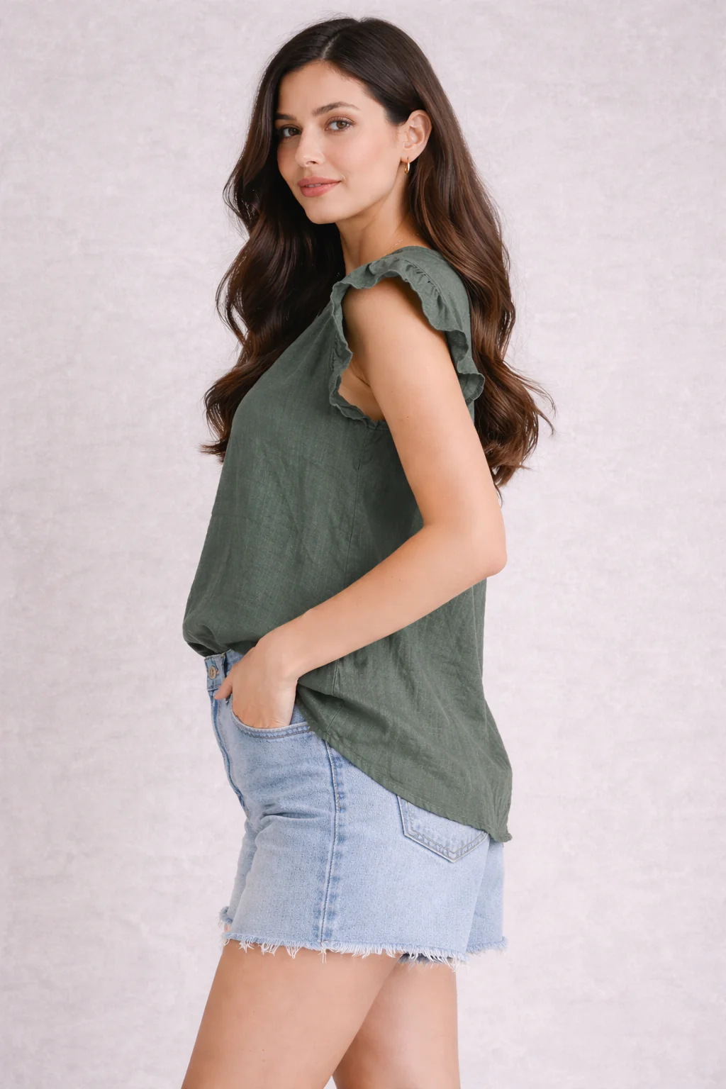Women Green Cotton Flutter Sleeve Top - Image 3