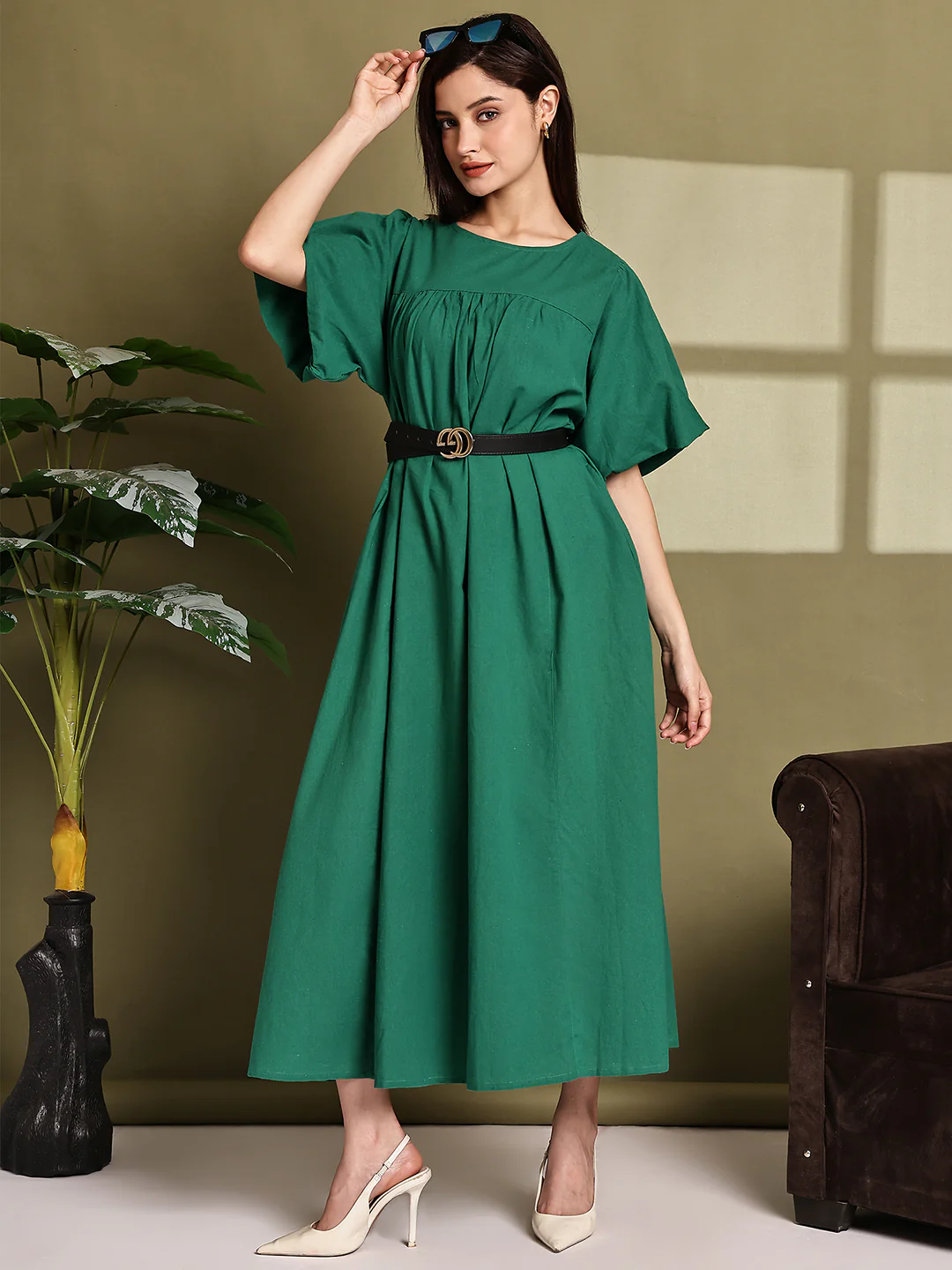 Women Green Cotton Maxi Dress - Image 2