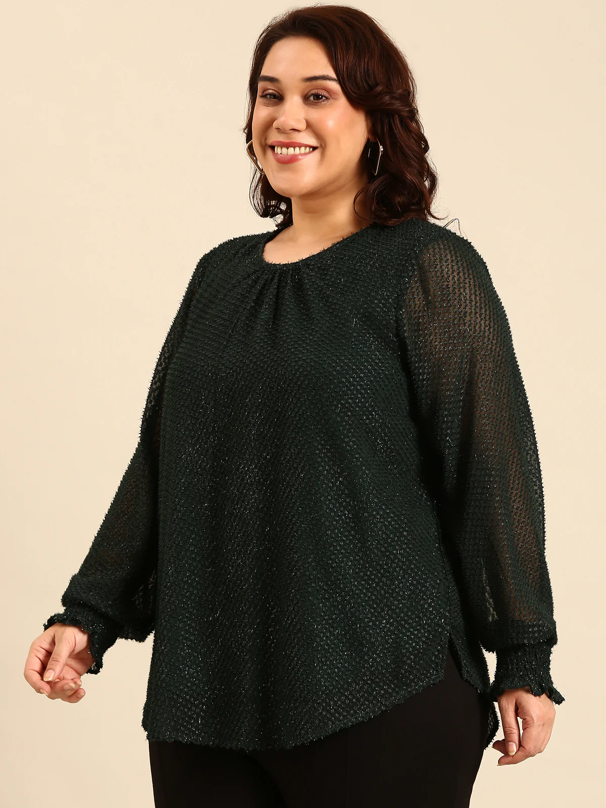 Women Green Embossed Bishop Top - Image 4
