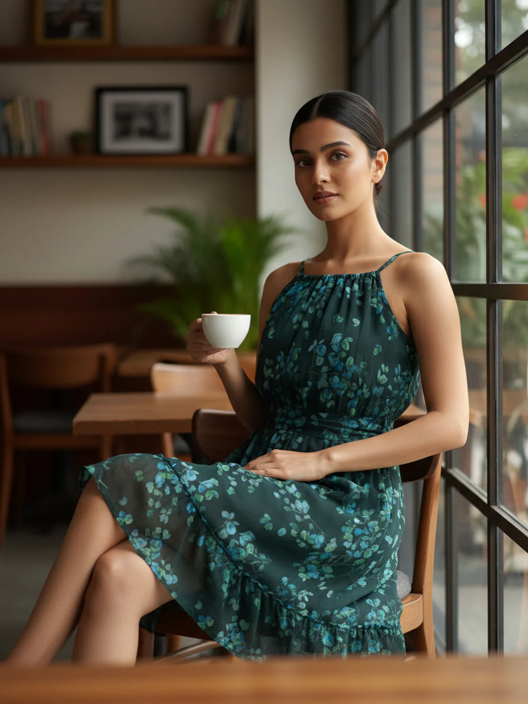 Women Floral Chiffon Tie-Up Midi Dress