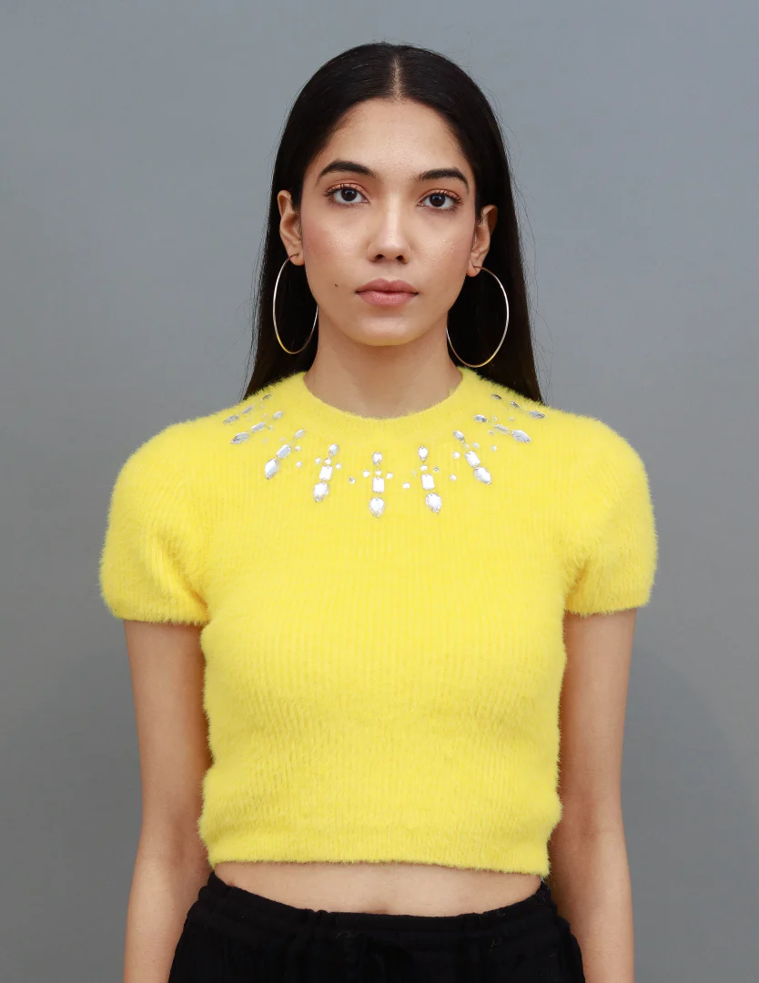Women Green Fur Crop Top - Image 4