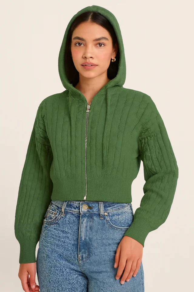 Women Green Hooded Zip-Up Sweatshirt