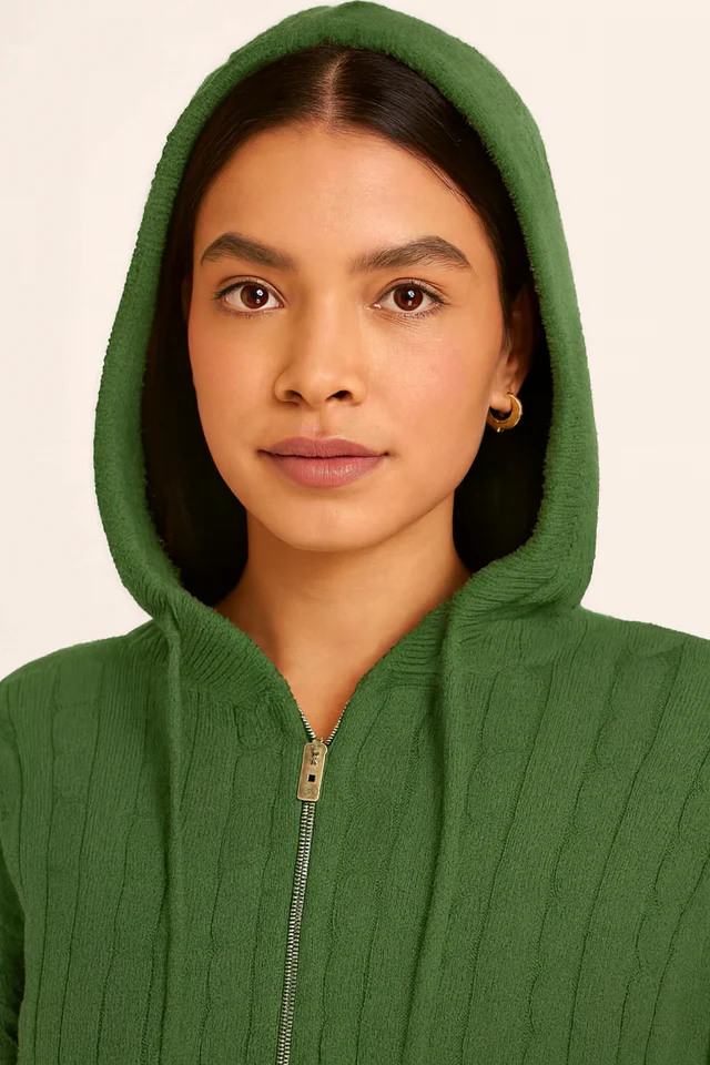 Women Green Hooded Zip-Up Sweatshirt - Image 4