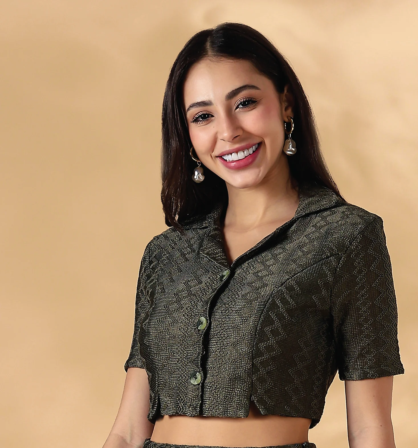 Women Green Knitted Camp Collar Top