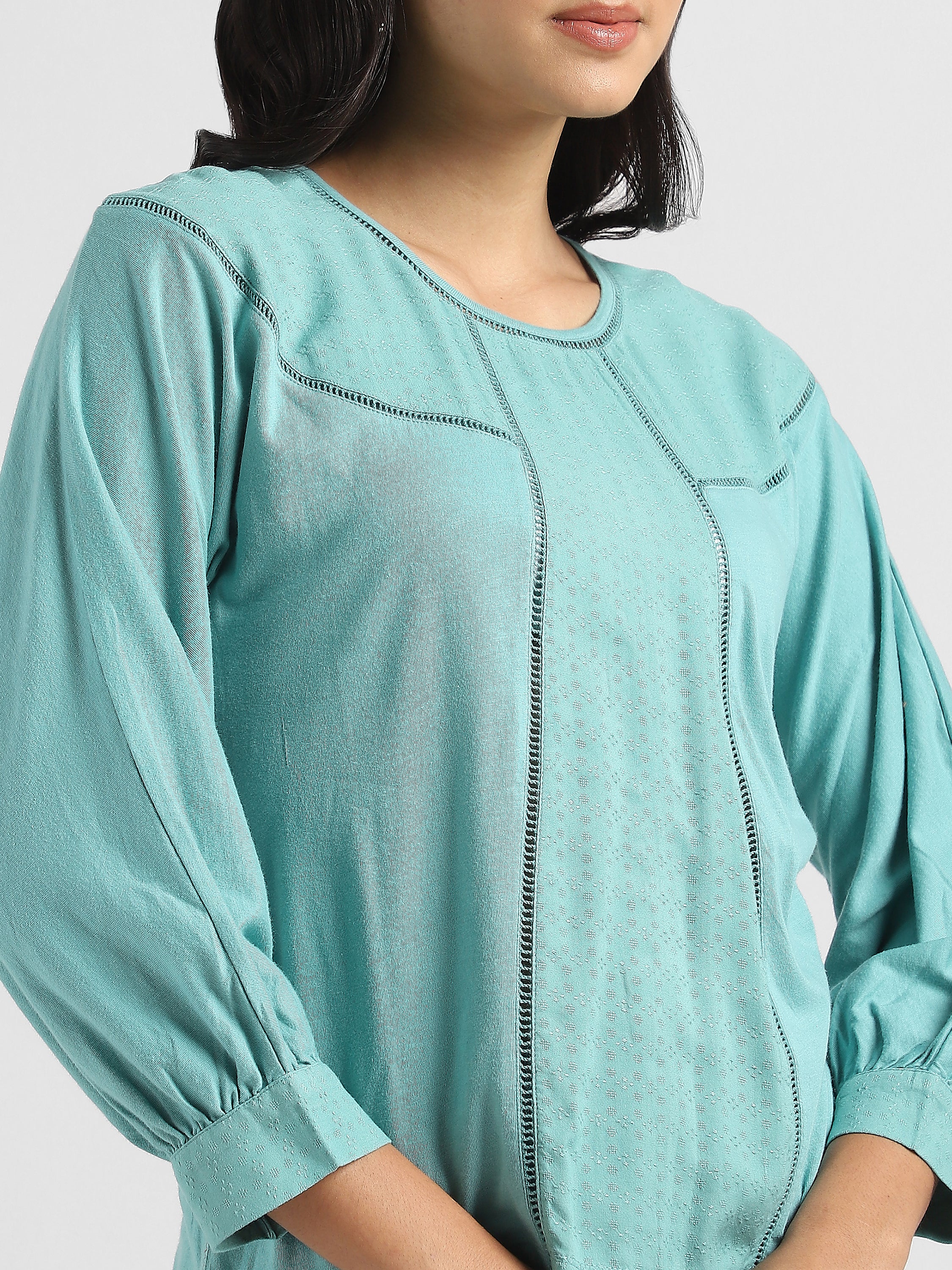 Women Green Elegant Top with Balloon Sleeves and Lace Inserts - Image 6