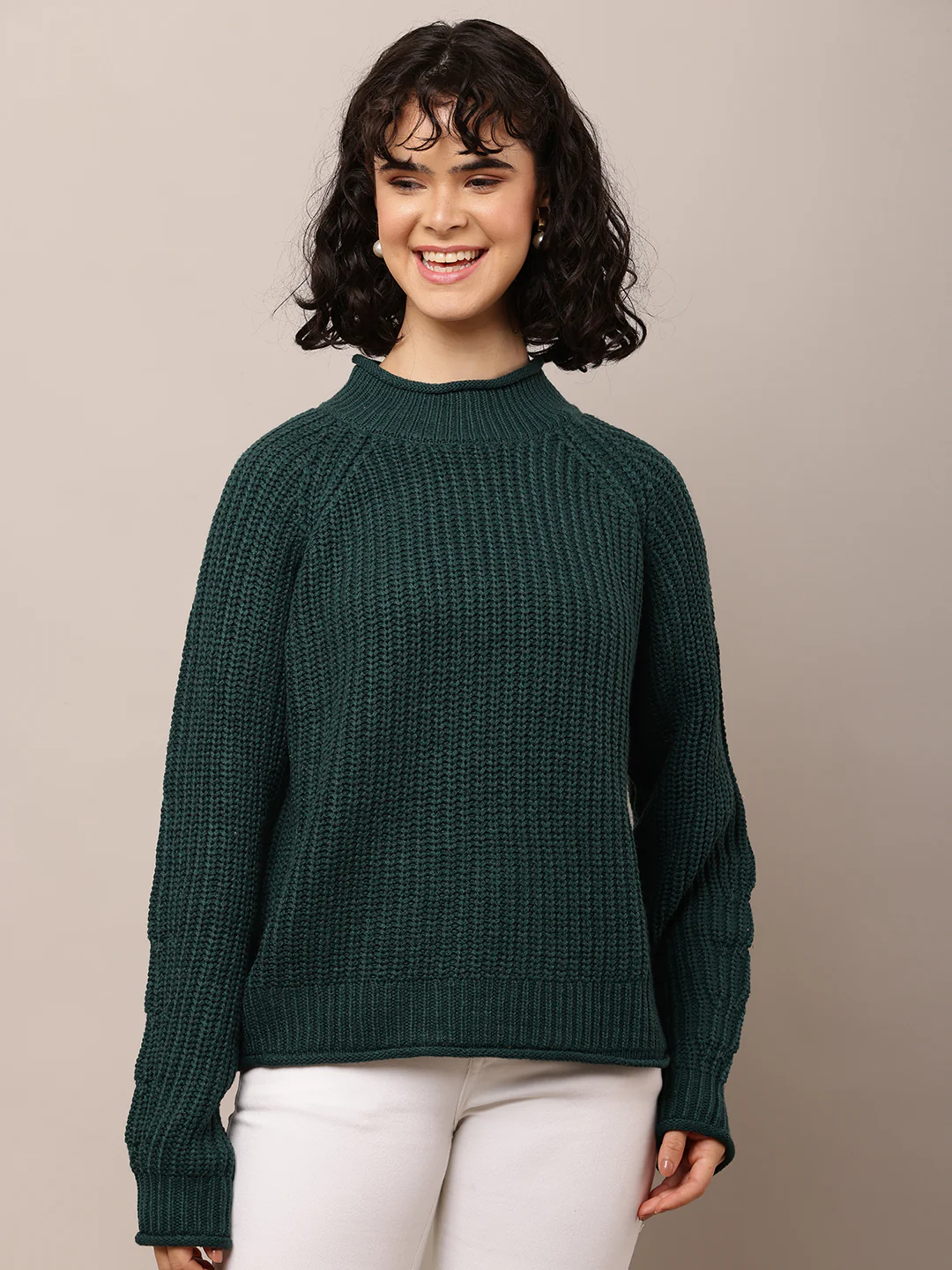 Women Green Turtle Neck Full Sleeve Sweater