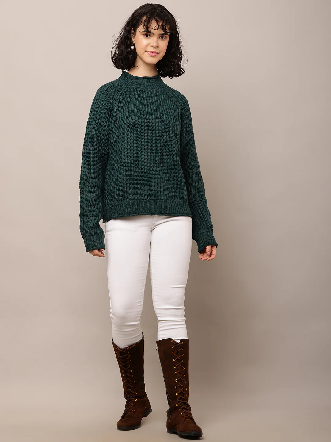 Women Green Turtle Neck Full Sleeve Sweater - Image 3