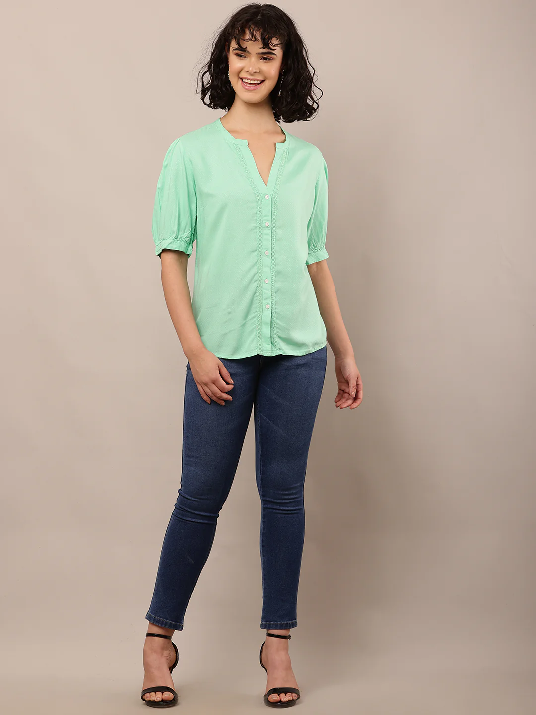 Women Green V-Neck Short Sleeve Top - Image 3