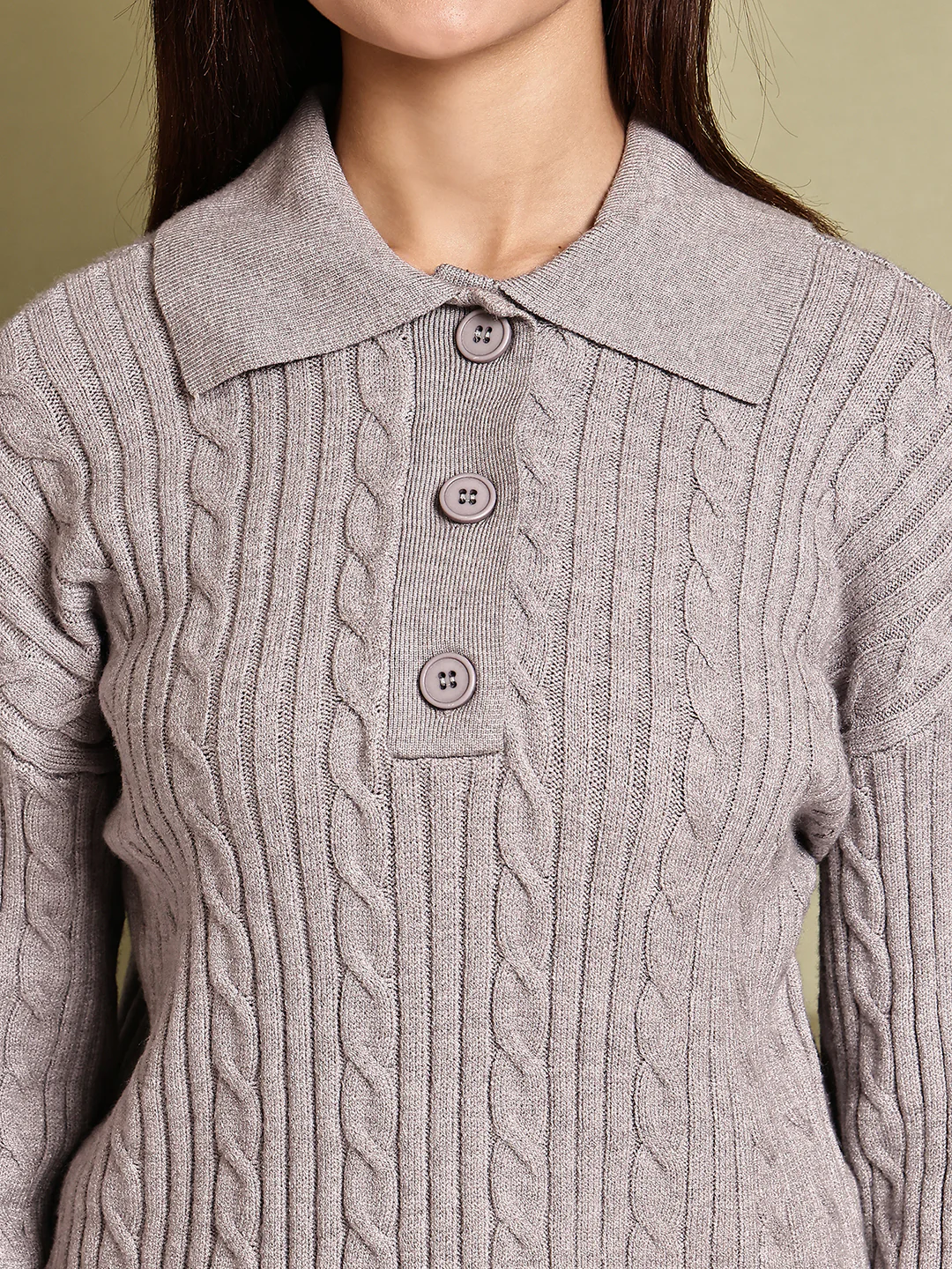Women Grey Acrylic Full Sleeve Polo Sweater - Image 4