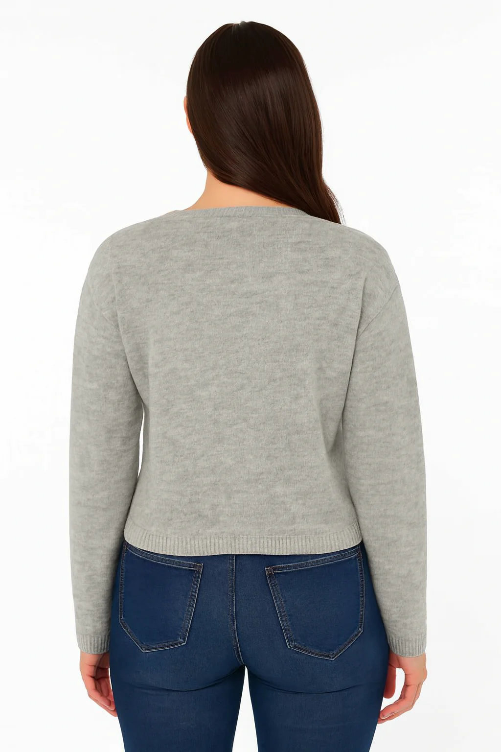 Women Grey Acrylic V-Neck Knitted Cardigan - Image 2