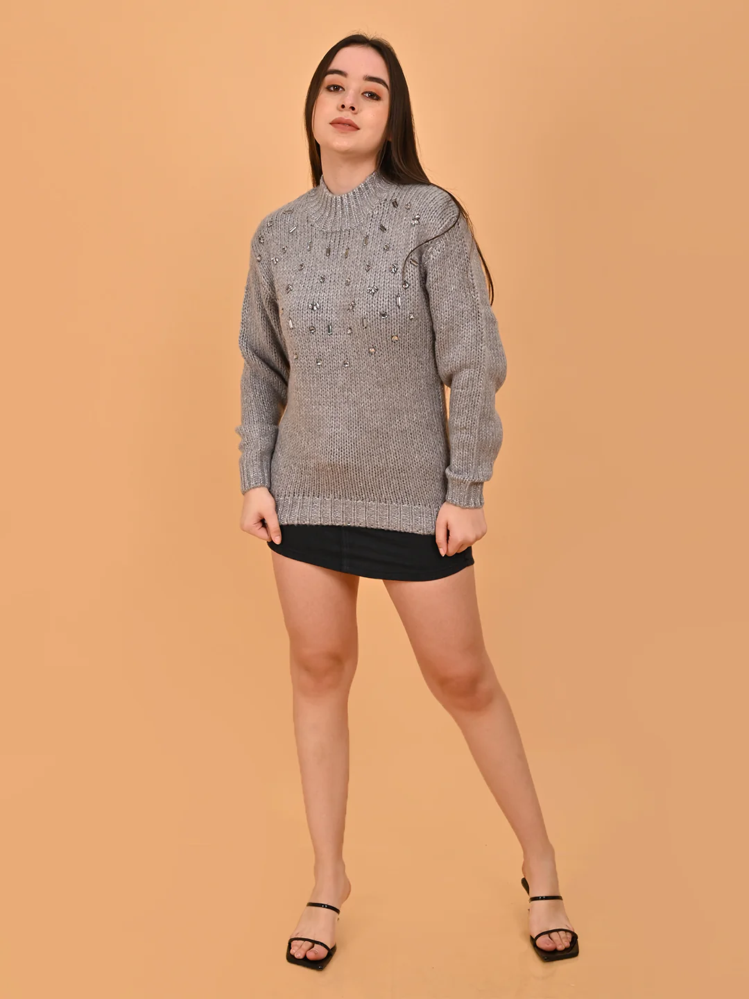 Women Grey Mock Neck Sweater - Image 6