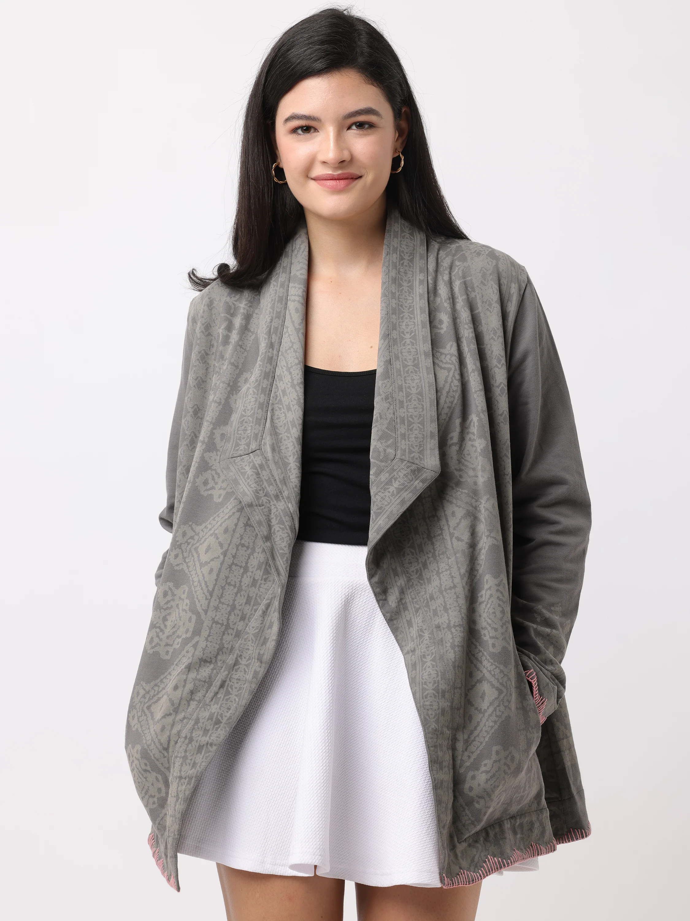 Women Grey Oversize Printed Shrug
