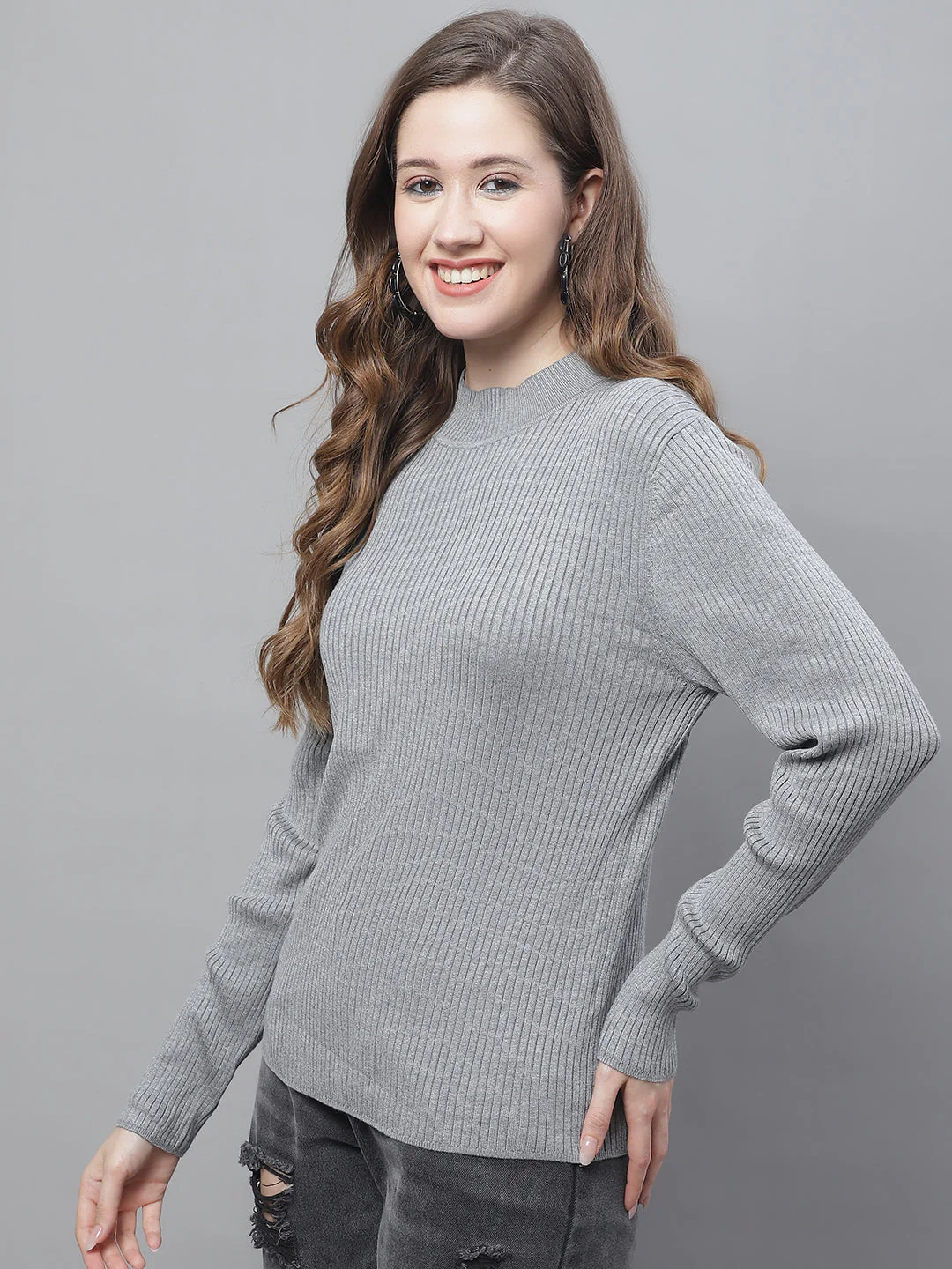 Women Grey Ribbed Turtleneck - Image 3