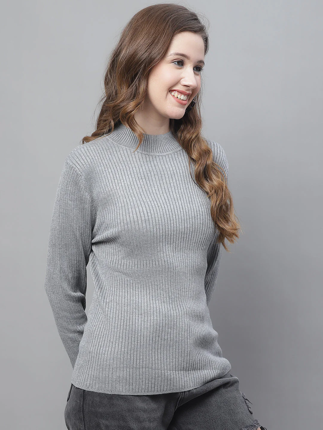Women Grey Ribbed Turtleneck - Image 4