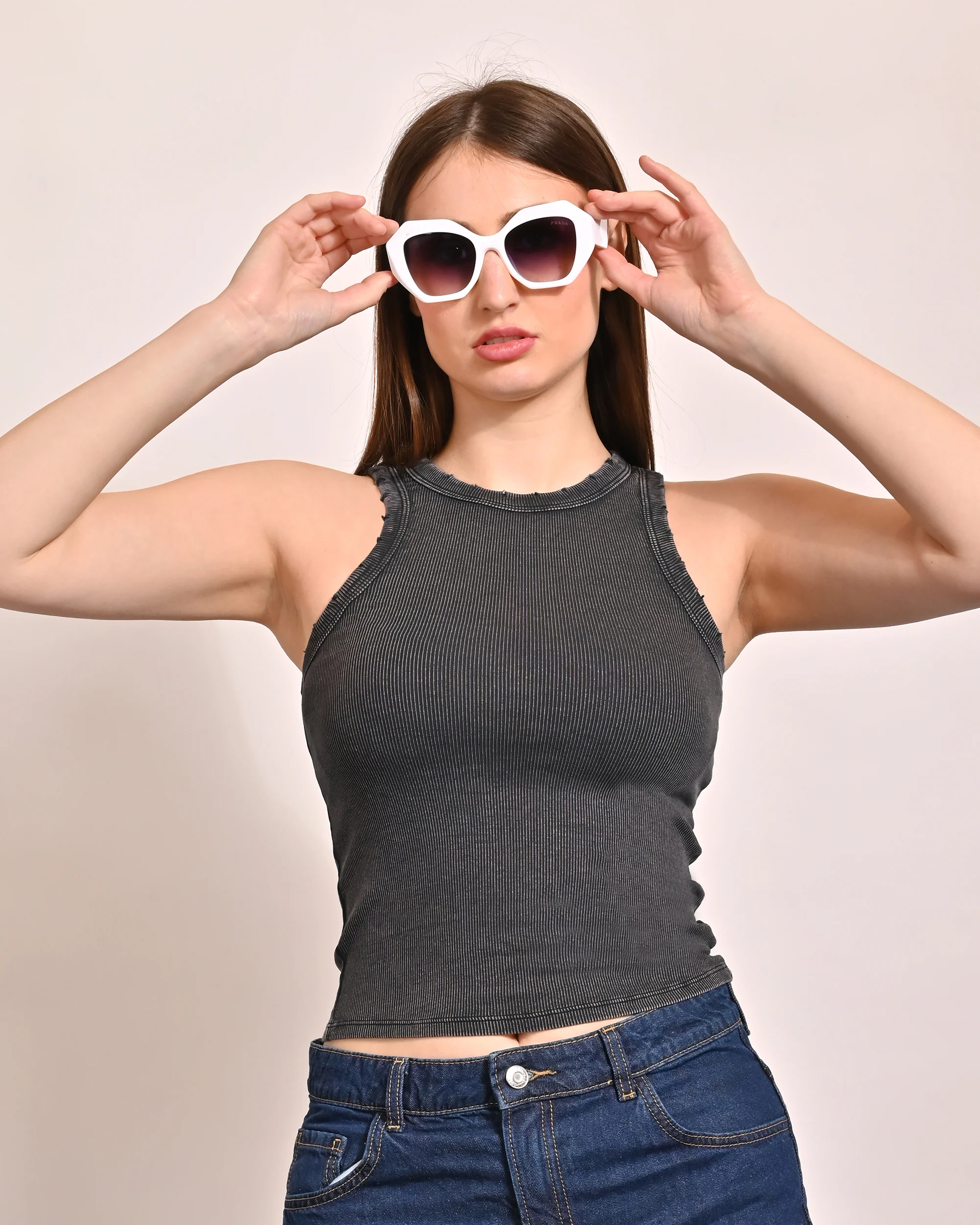 Women Grey & White Sleeveless Crew - Image 2