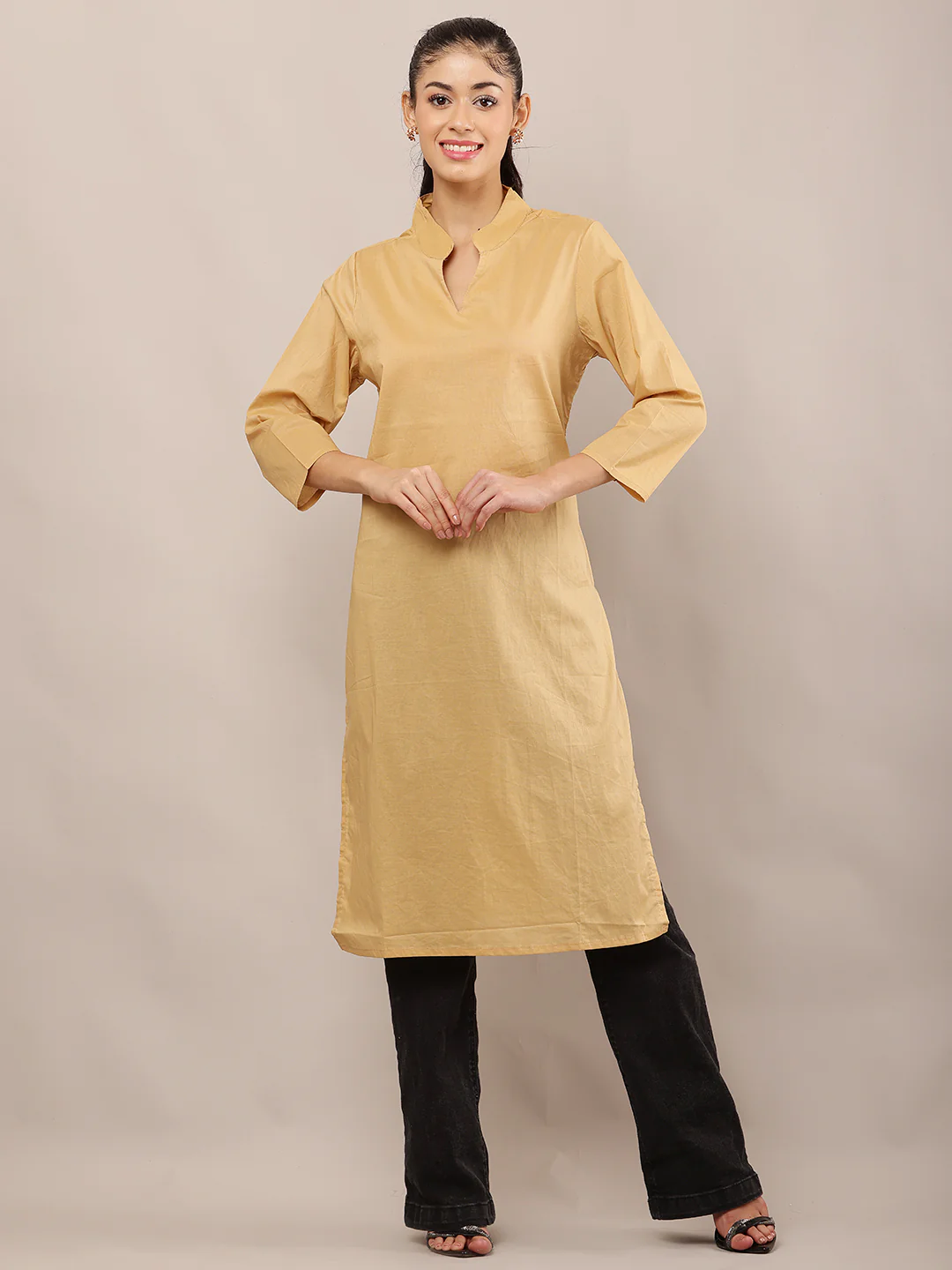 Women Khaki Viscose Kurta with V-Neck - Image 3