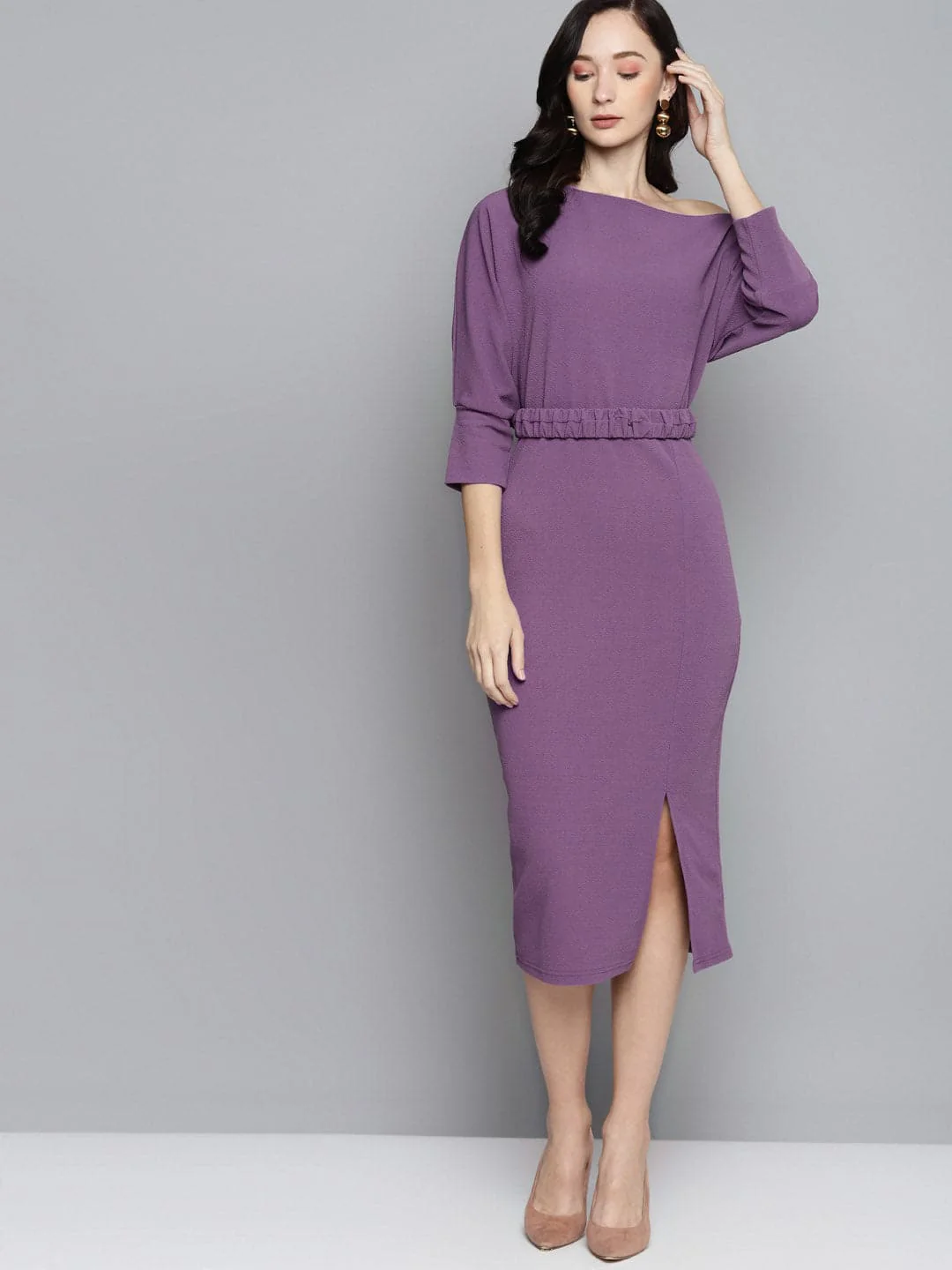Women Lavender Belted Drop Shoulder Midi Dress