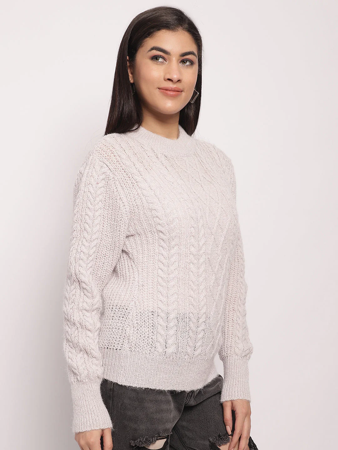 Women Light Grey Cable Knit Sweater - Image 3