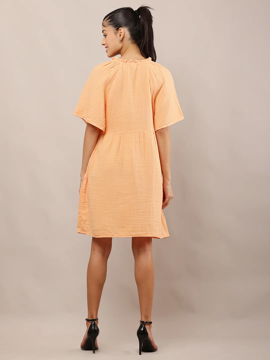 Women Light Orange A-Line Cotton Ruffle Neck Dress - Image 4
