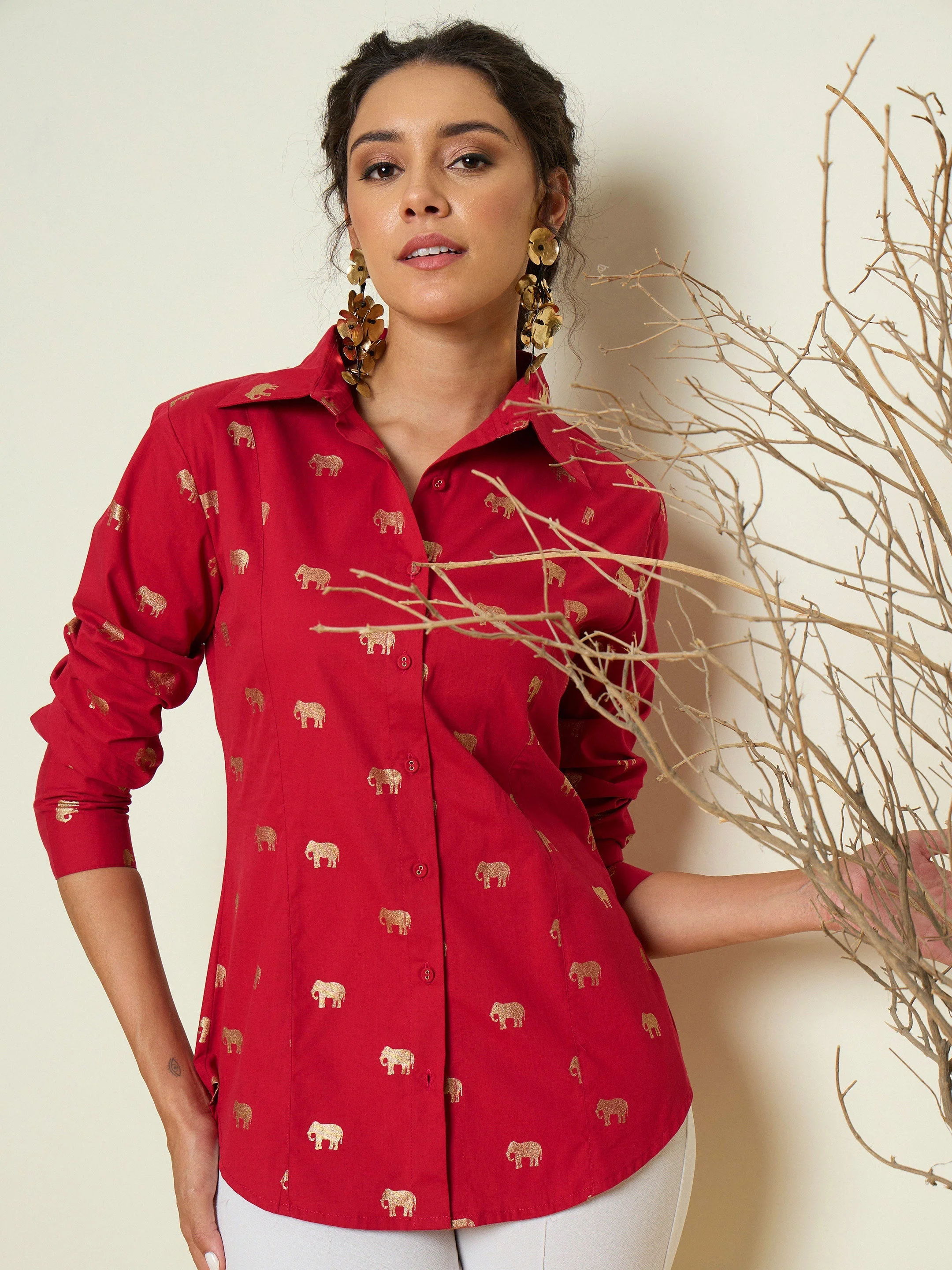 Women Magenta Foil Printed Shoulder Padded Slim Fit Poplin Shirt