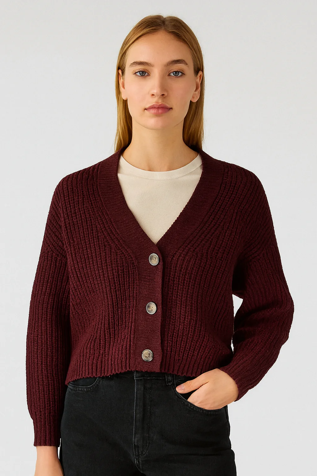 Women Maroon Acrylic Button-Down Cardigan