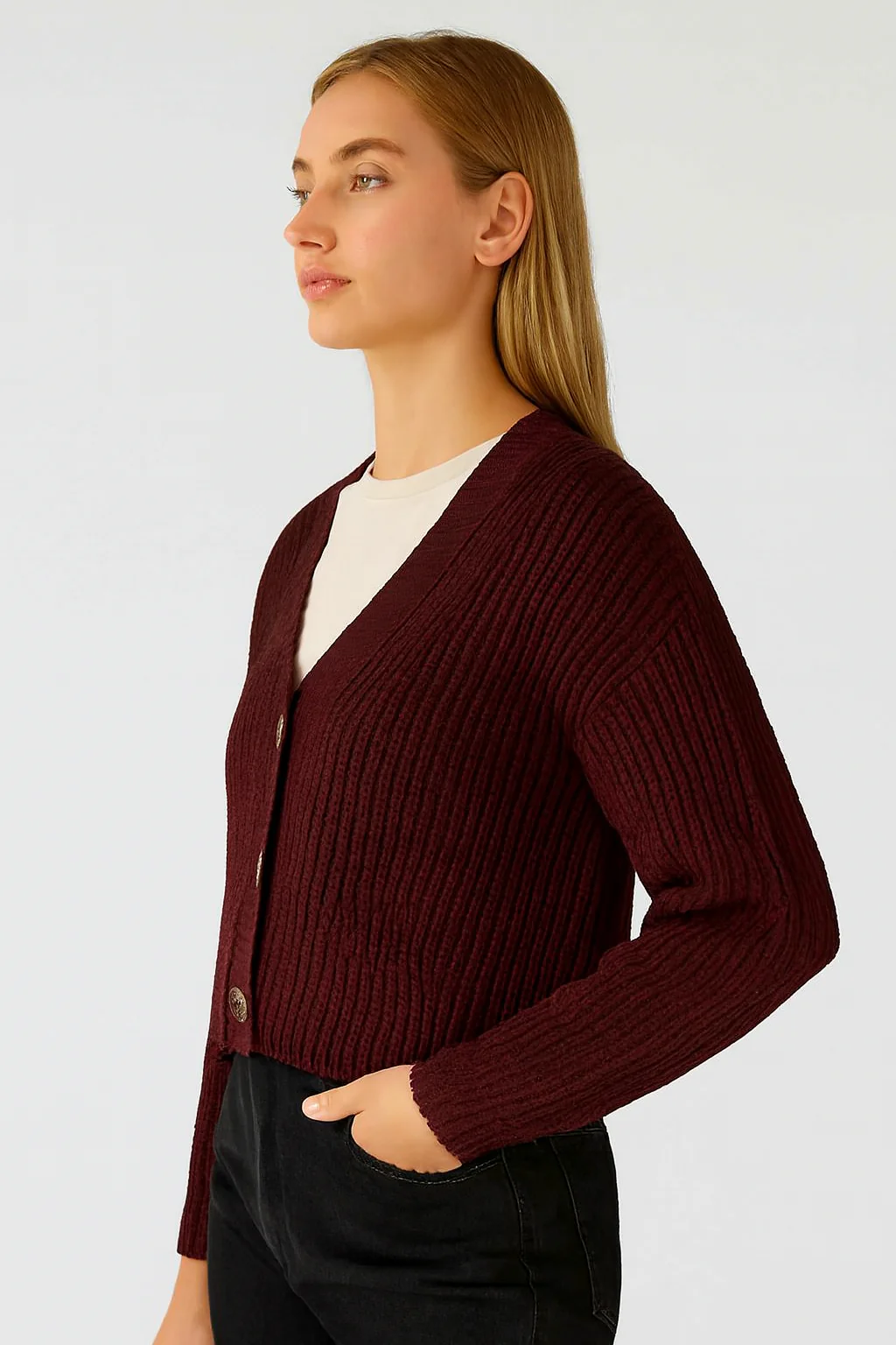 Women Maroon Acrylic Button-Down Cardigan - Image 4