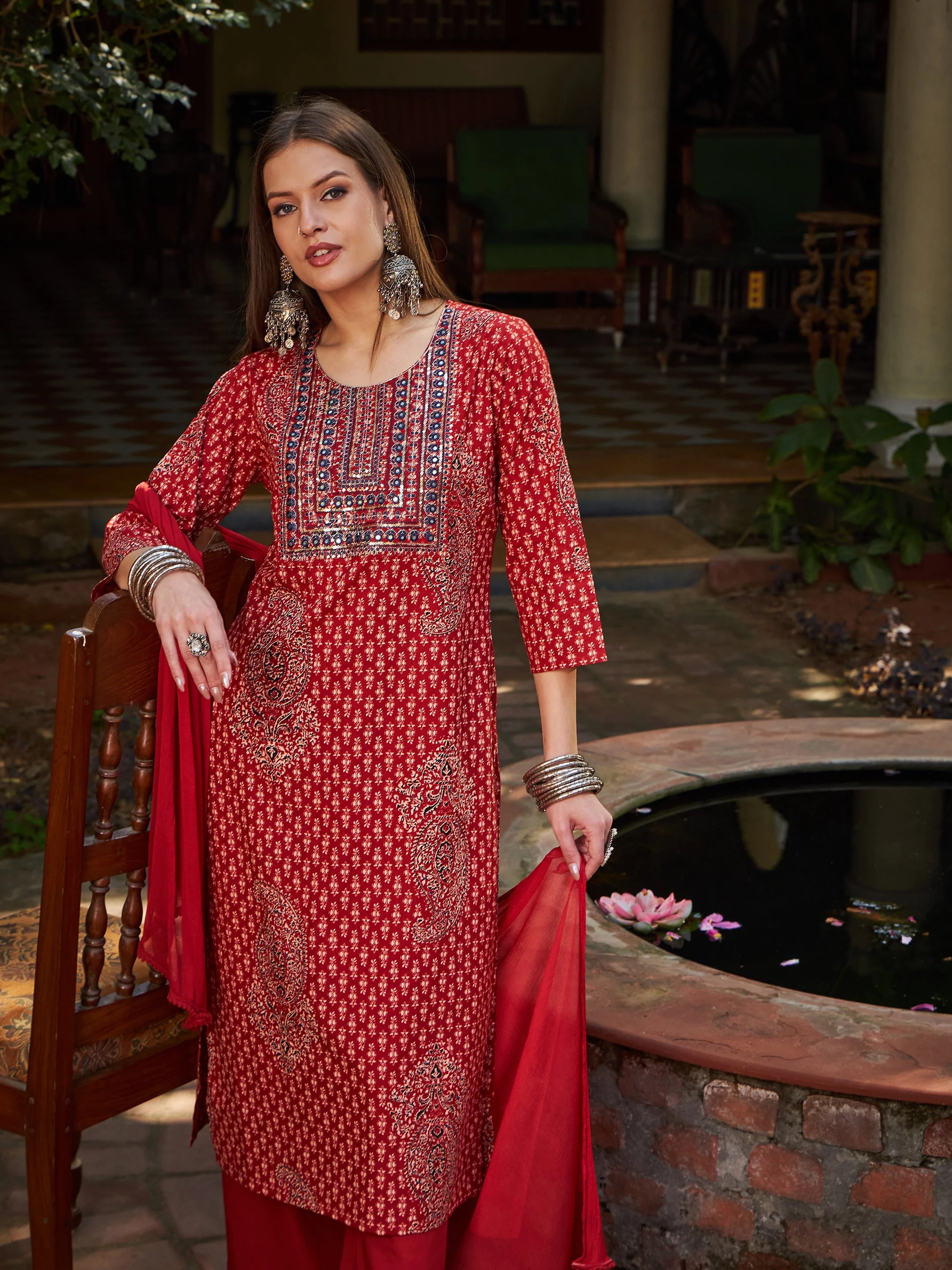 Women Maroon Floral Front Yoke Kurta With Pencil Pants & Dupatta