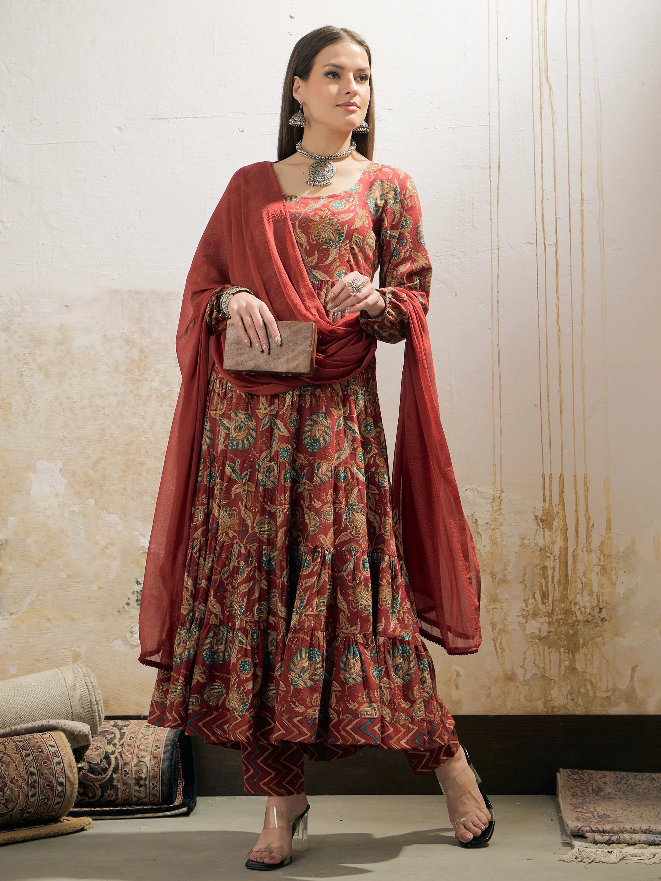 Women Maroon Floral Tiered Kurta With Pencil Pant & Dupatta