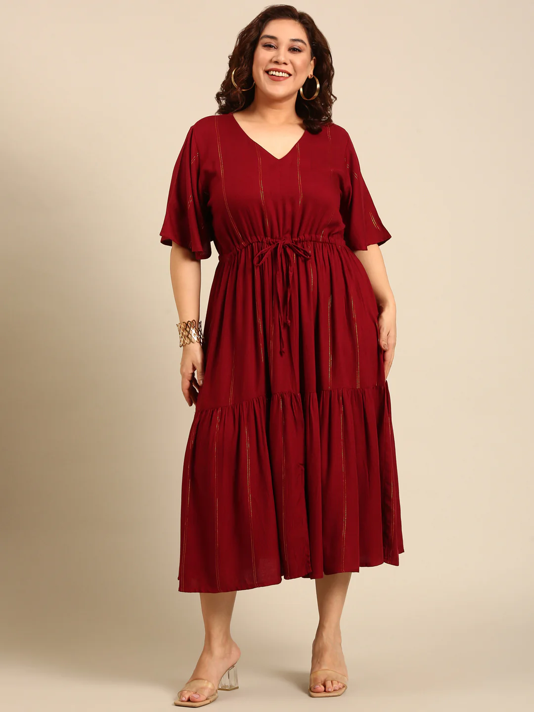 Women Maroon Lurex Maxi Dress