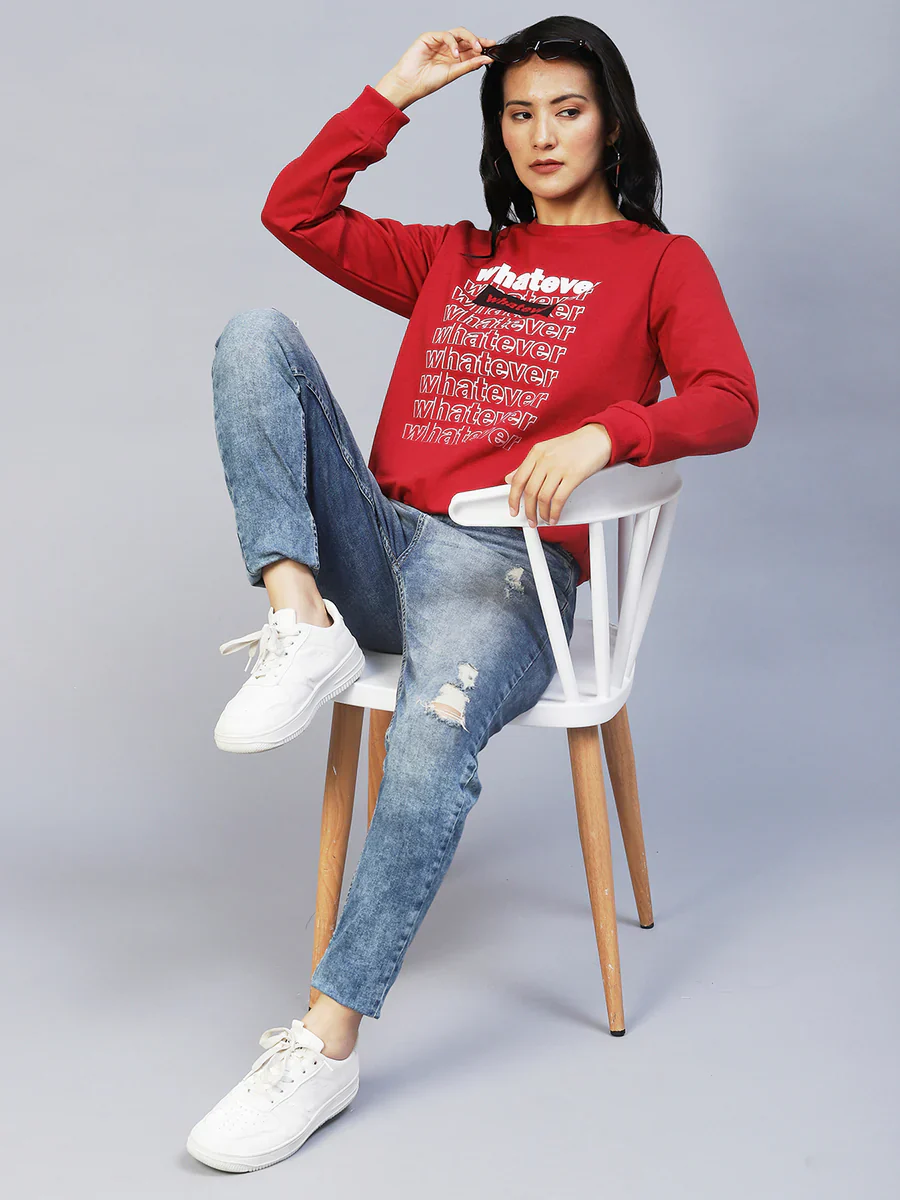 Women Maroon Printed Fleece Sweatshirt