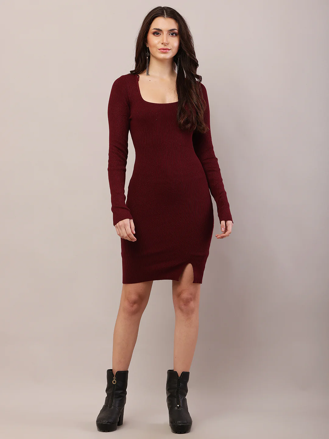 Women maroon viscose full sleeve bodycon dress