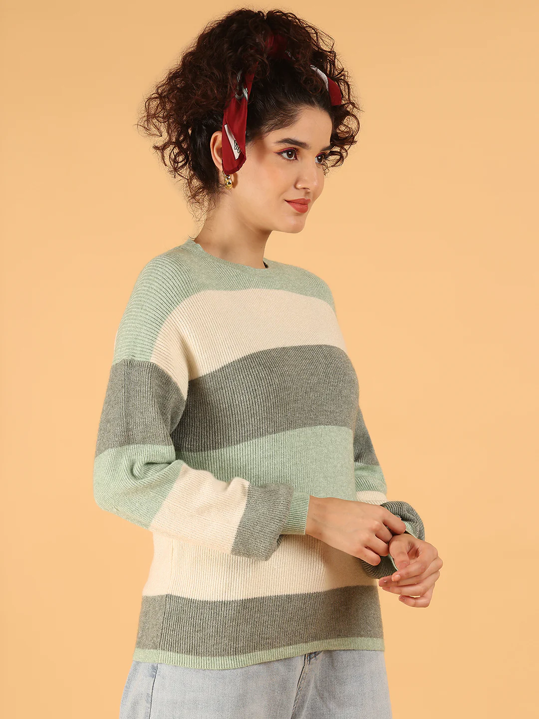 Women Mint & Cream Striped Knit Sweater - Image 2