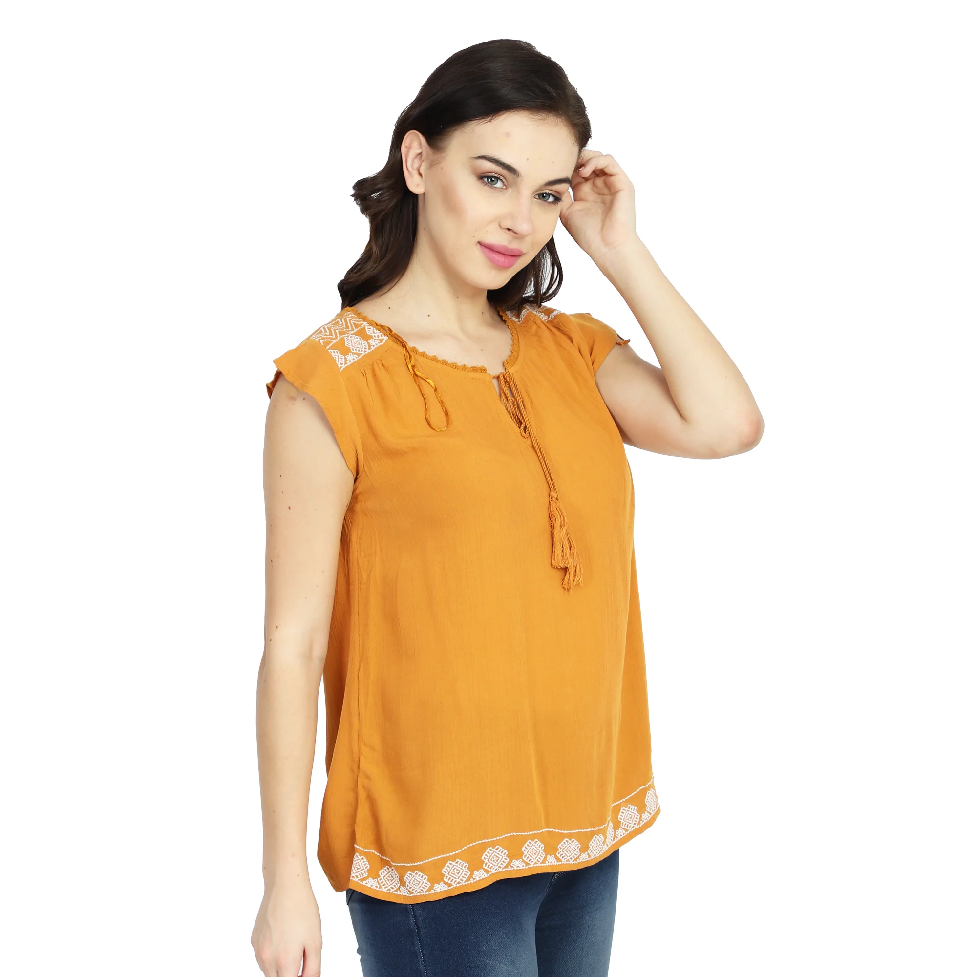 Women Mustard Embroidered Top - Image 3