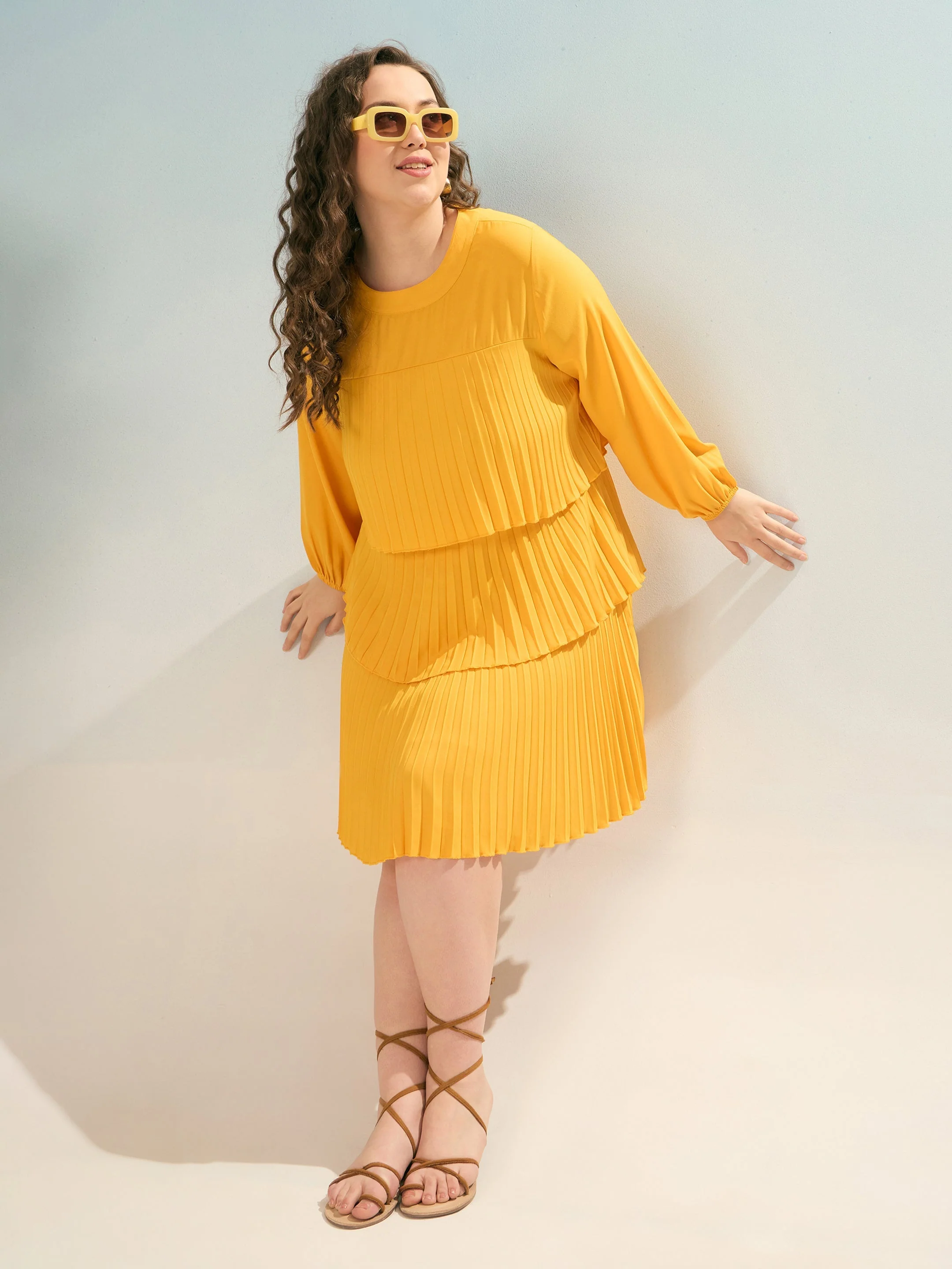 Women Mustard Pleated Skater Tiered Dress