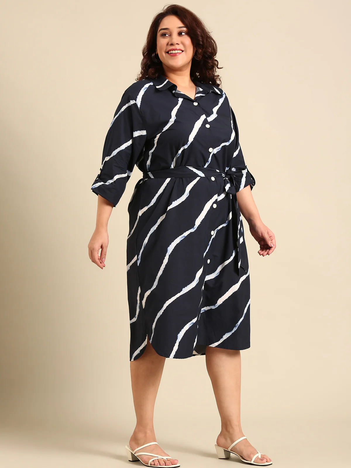 Women Navy Bias Striped Shirt Dress - Image 5