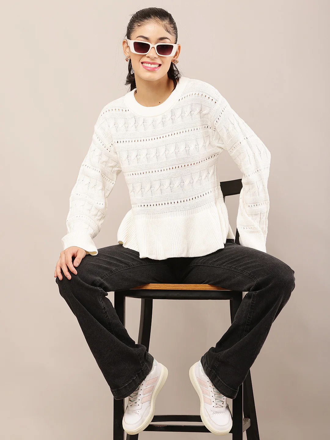 Women Off-White Cotton Knit Peplum Sweater - Image 3