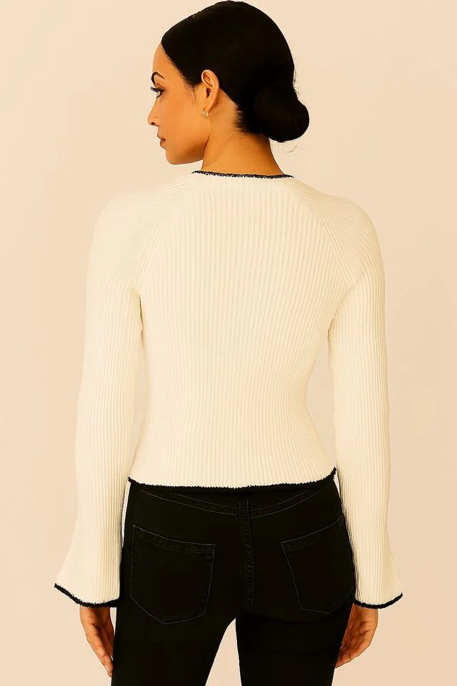 Women Off White Ribbed Stretchable Sweater - Image 2