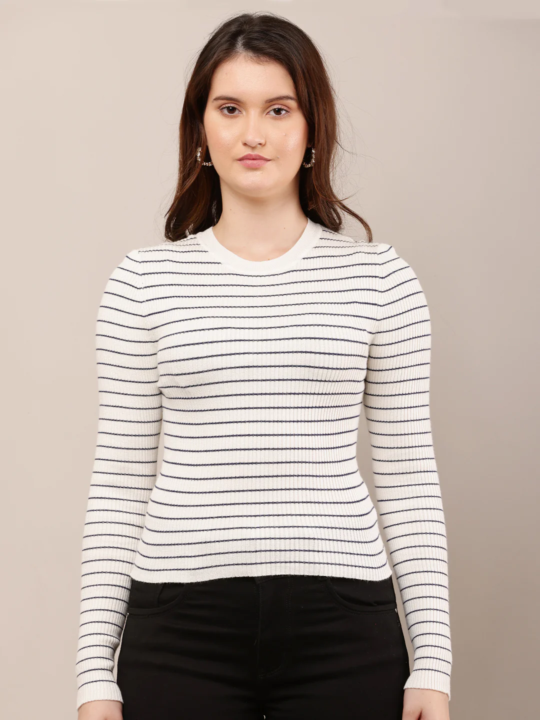 Women Off-White Striped Round Neck Sweater