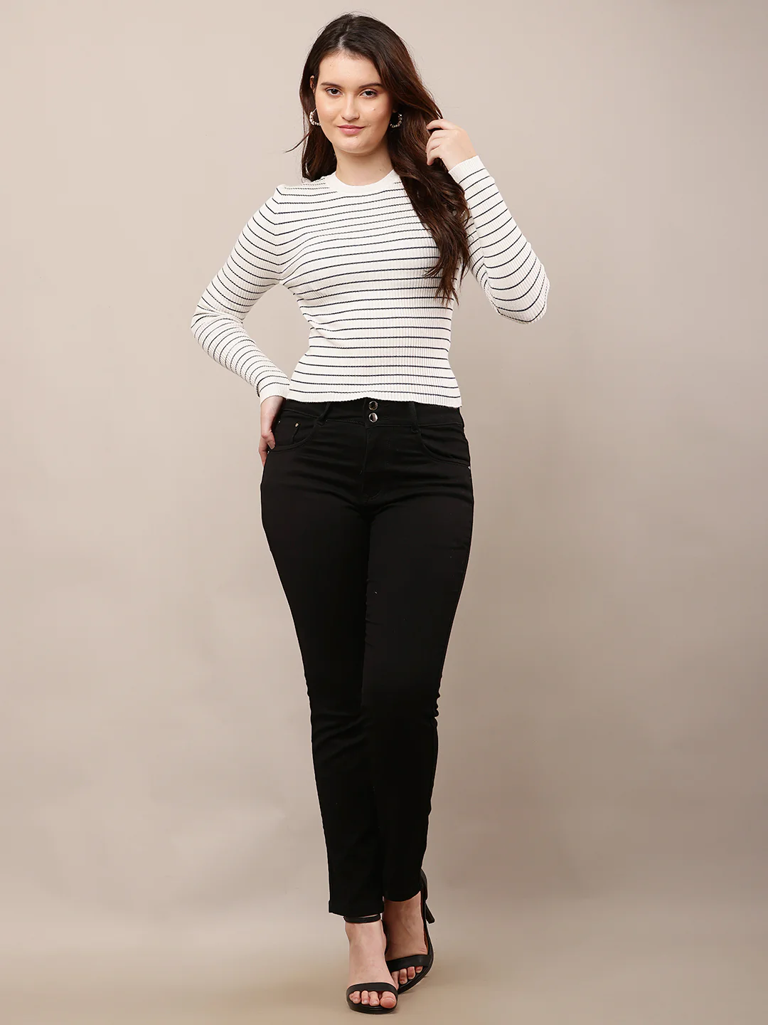 Women Off-White Striped Round Neck Sweater - Image 3