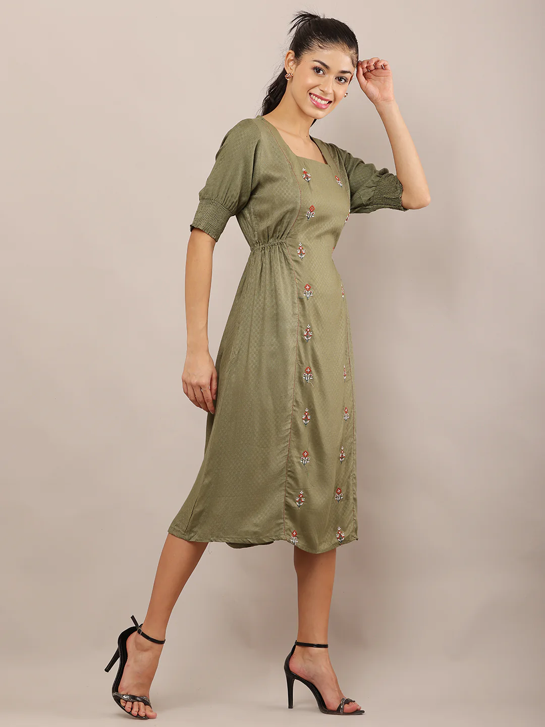 Women Olive Green Embroidered Viscose Midi Dress - Image 2