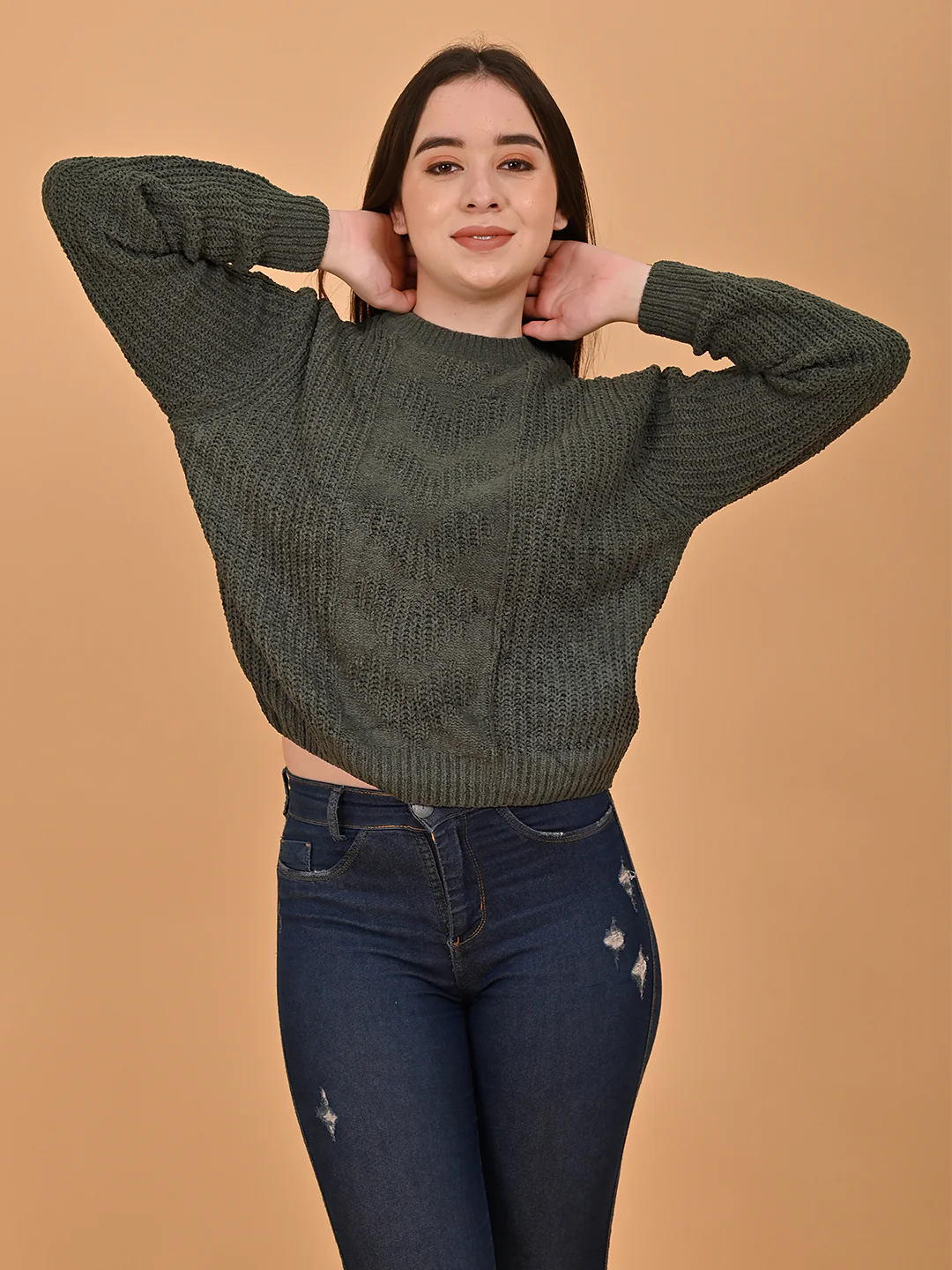 Women Olive Round Neck Sweater