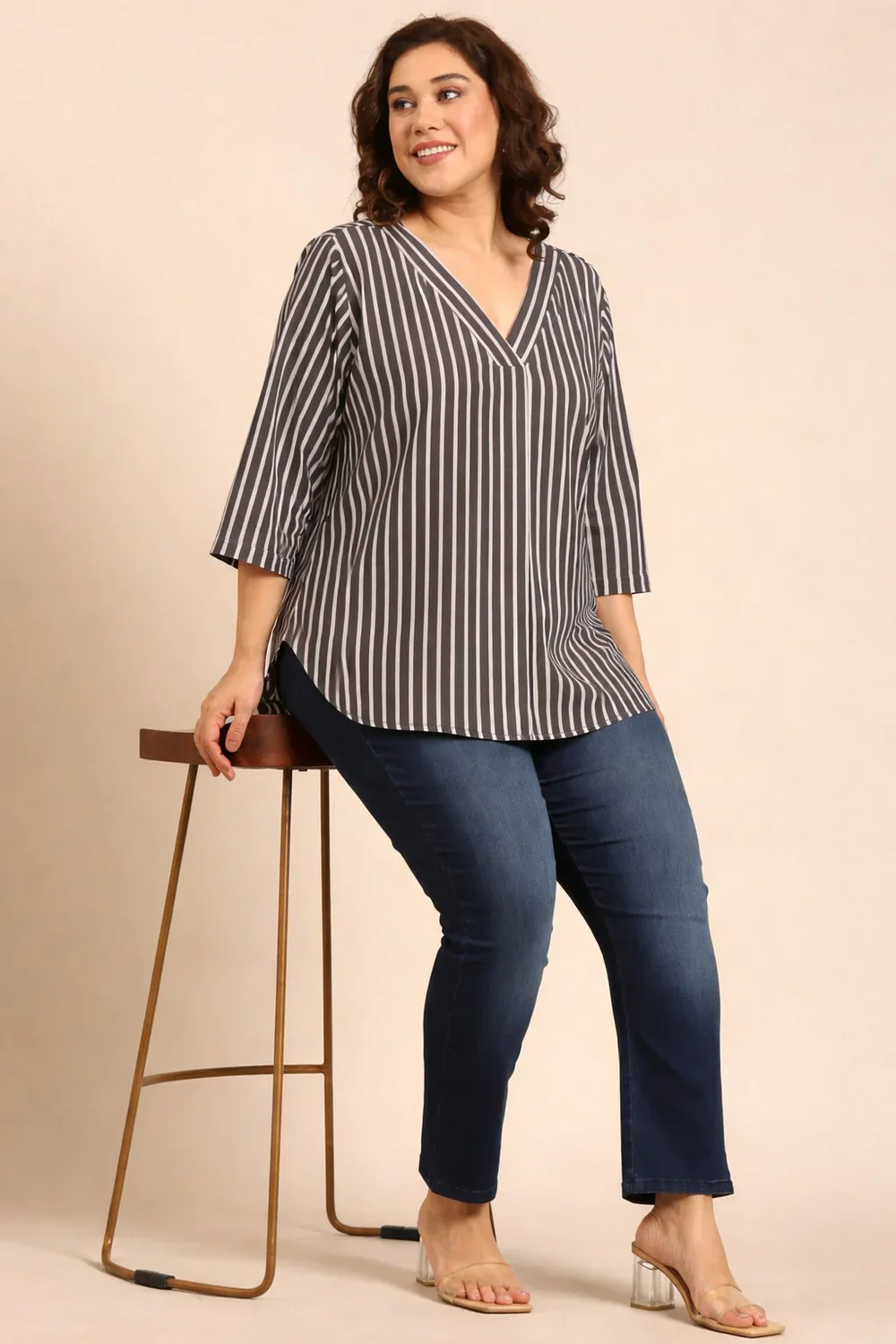 Women Olive Striped V-Neck Top - Image 4