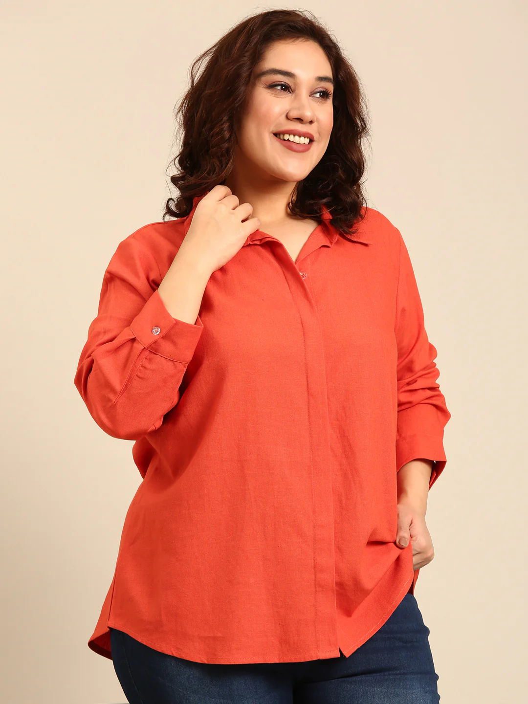Women Orange Button Down Shirt - Image 6