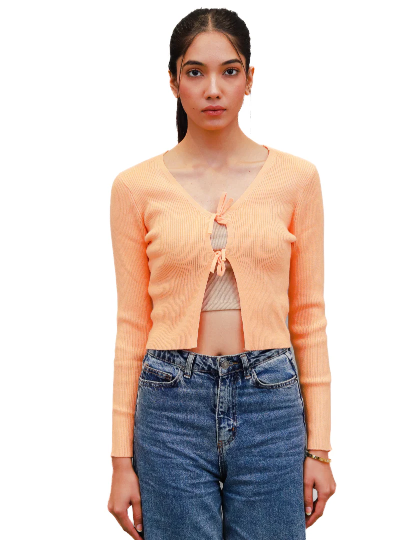 Women Orange Cropped Wrap Cardigan - Image 2