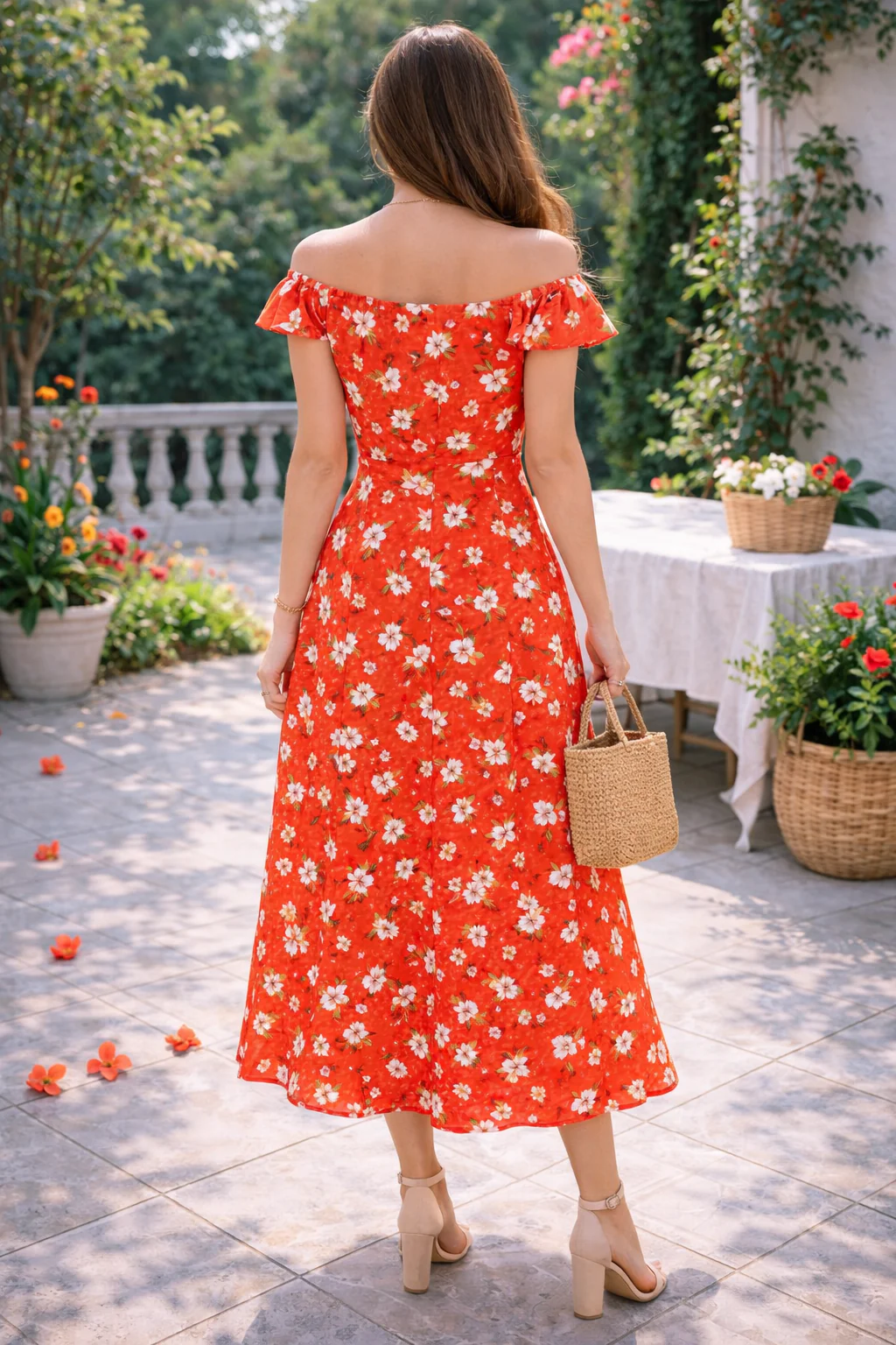 Women Orange Floral Off-Shoulder Midi Dress - Image 2
