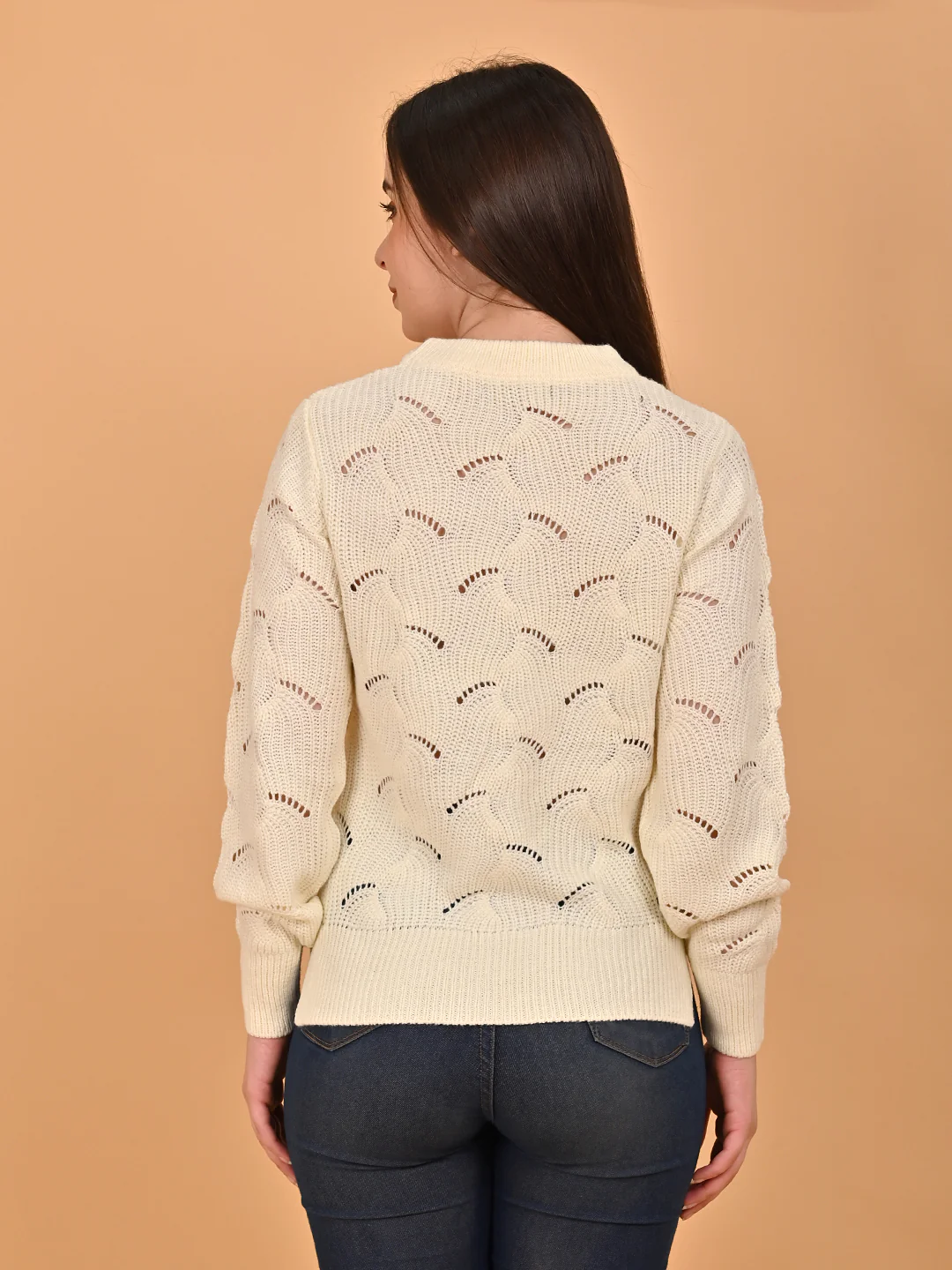 Women Orange Hollow Out Knit Sweater - Image 4