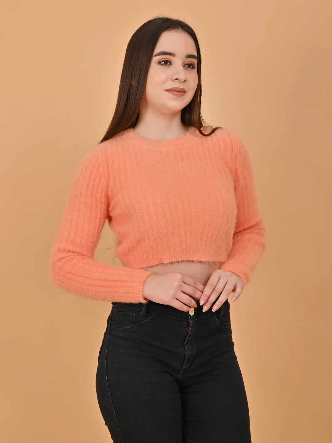 Women Orange Ribbed Sweater - Image 2