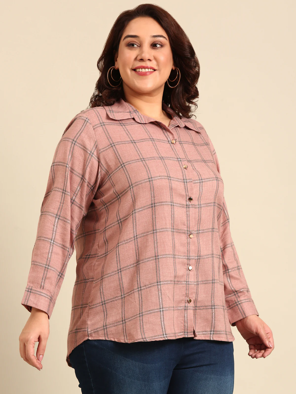Women Peach Checks Shirt - Image 2