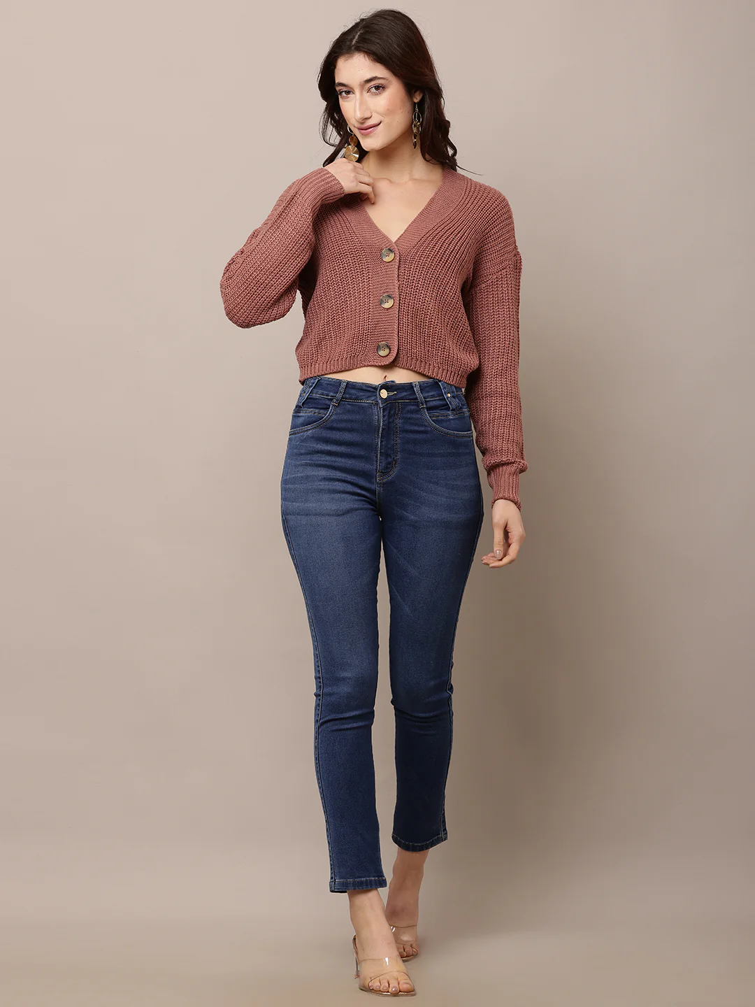 Women Peach V-Neck Acrylic Cardigan - Image 3